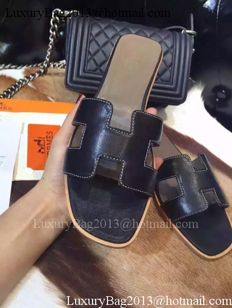 Hermes Slippers Leather HO695 Black