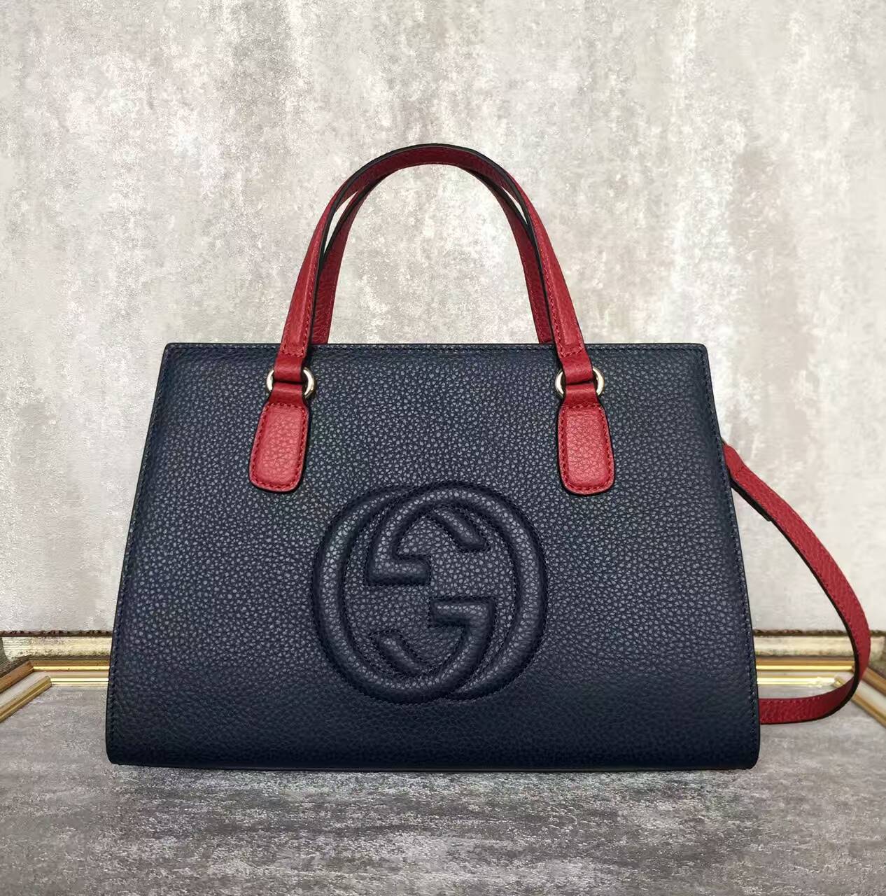 GUCCI Soho Leather Top Handle Bag 431572 Dark Blue&Burgundy&Offwhite