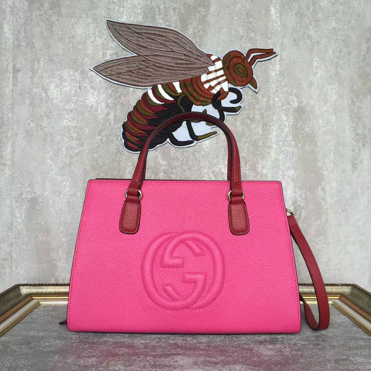 GUCCI Soho Leather Top Handle Bag 431572 Pink&Burgundy