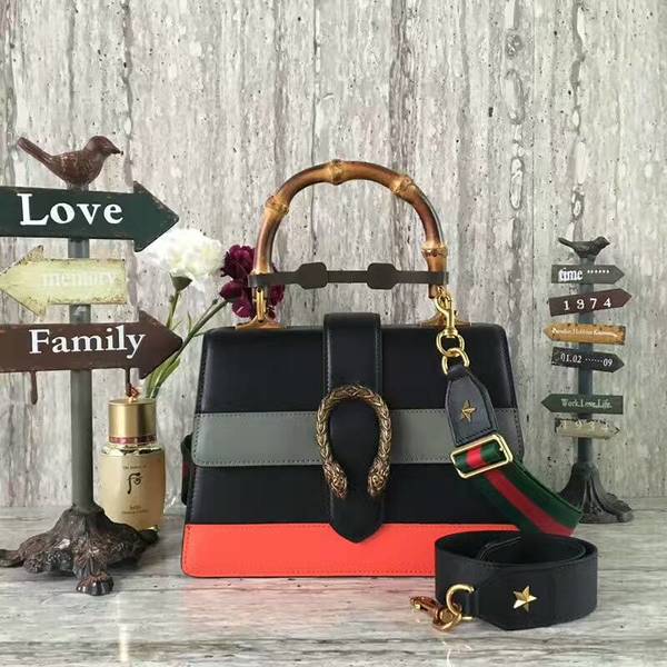 Gucci Now Bamboo Smooth Leather Top Handle Bag 448075 Black&Grey&Red