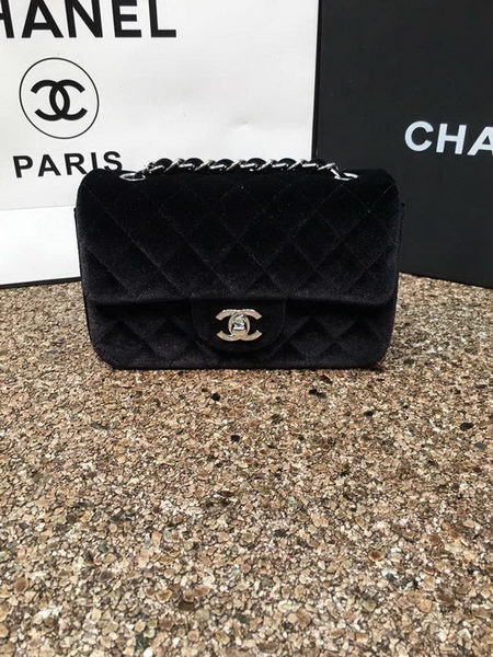 Chanel mini Classic Flap Bag Original Black Velvet Leather A1116 Silver