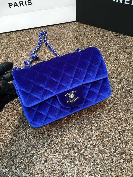 Chanel mini Classic Flap Bag Original Blue Velvet Leather A1116 Silver