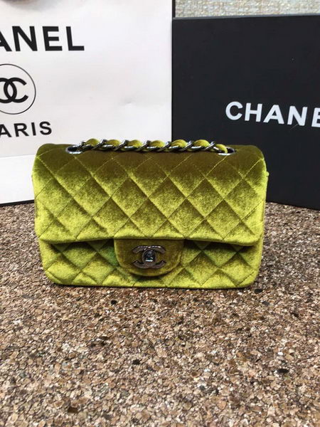 Chanel mini Classic Flap Bag Original Green Velvet Leather A1116 Silver