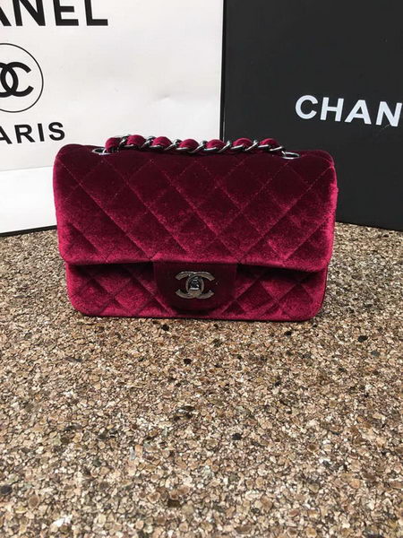 Chanel mini Classic Flap Bag Original Wine Velvet Leather A1116 Silver