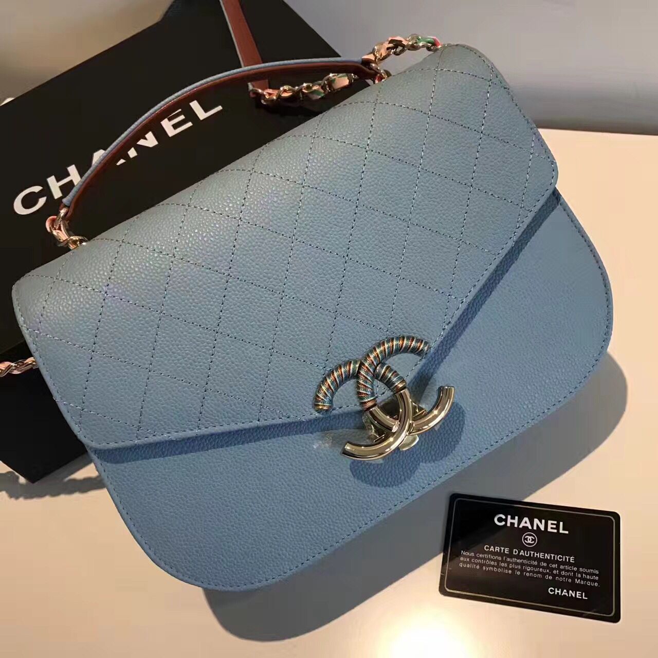 Chanel Calf Leather Shoulder Bag 17524 Blue