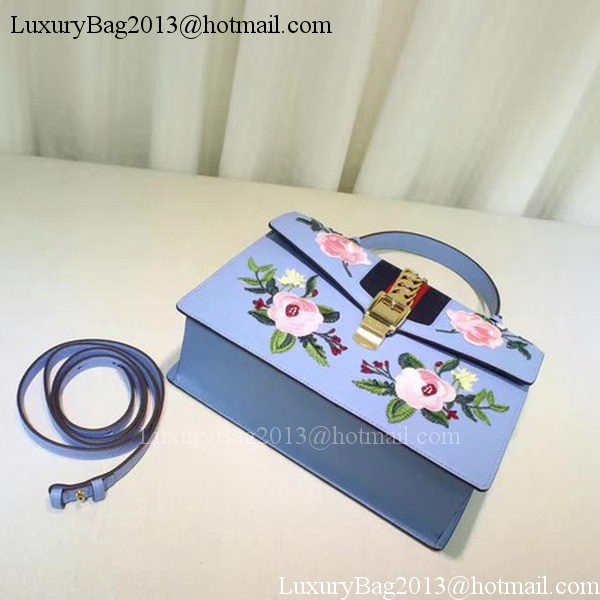 Gucci Sylvie Embroidered Leather Top Handle Bag 431665 Blue