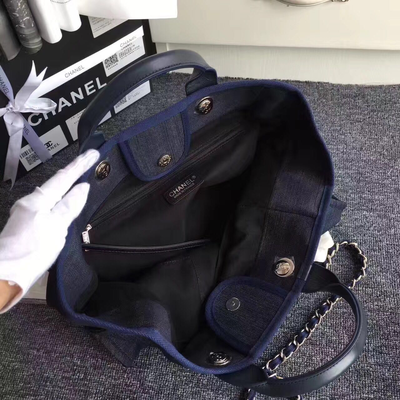 Chanel Canvas Leather Tote Shopping Bag Dark Blue A1679