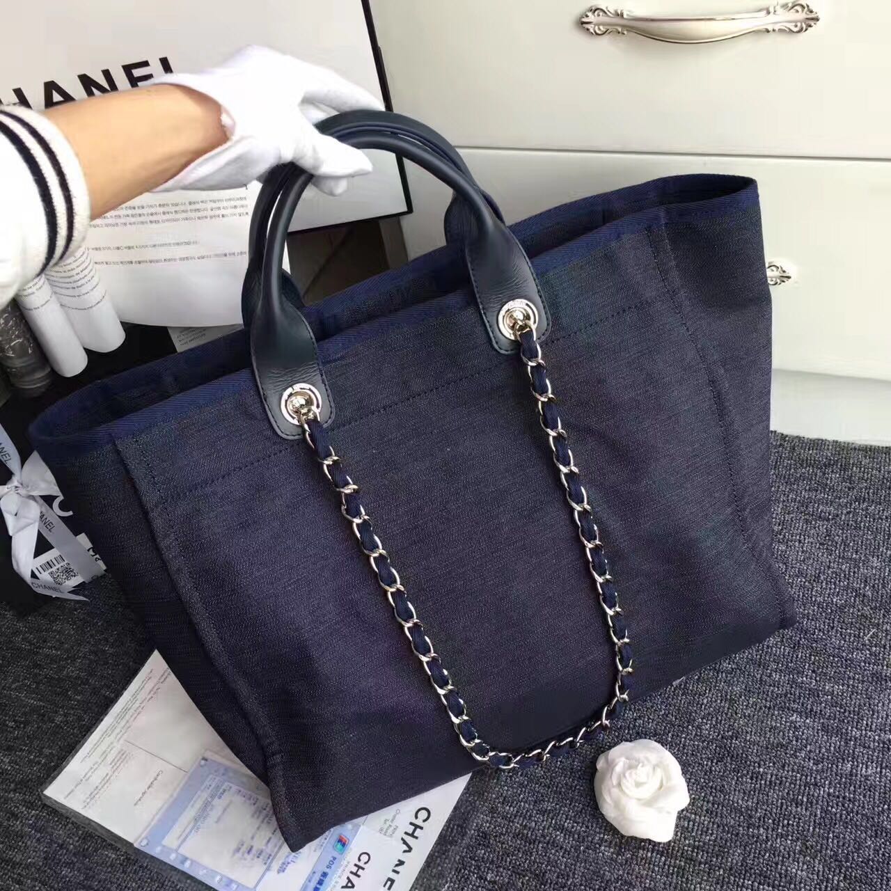 Chanel Canvas Leather Tote Shopping Bag Dark Blue A1679