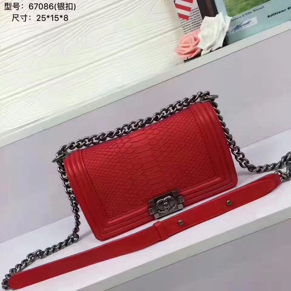 Chanel Le Boy Crocodile Leather Red A67086 Silver