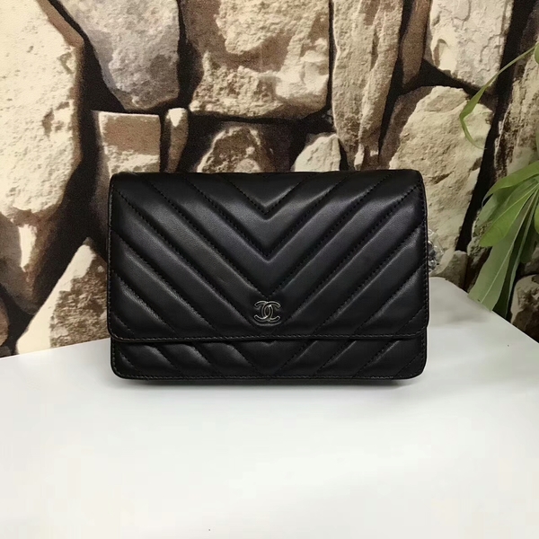 Chanel Classic Flap Bags Black Original Sheepskin Leather 33815 Silver