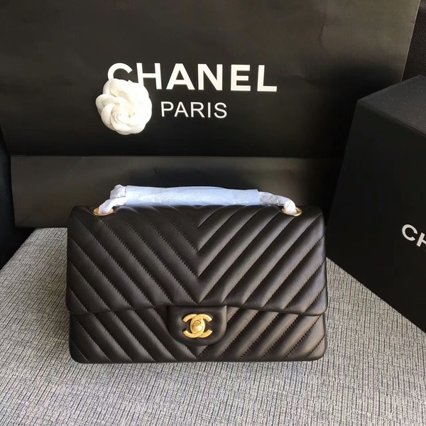 Chanel Flap Shoulder Bags Black Original Sheepskin CF1112 Glod