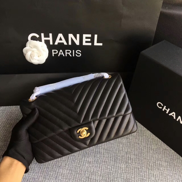 Chanel Flap Shoulder Bags Black Original Sheepskin CF1112 Glod