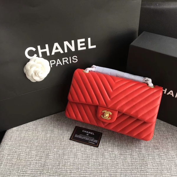 Chanel Flap Shoulder Bags Red Original Sheepskin CF1112 Glod