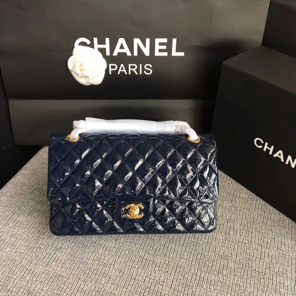 Chanel Flap Shoulder Bags Dark Blue Original Patent Leather CF1112 Glod