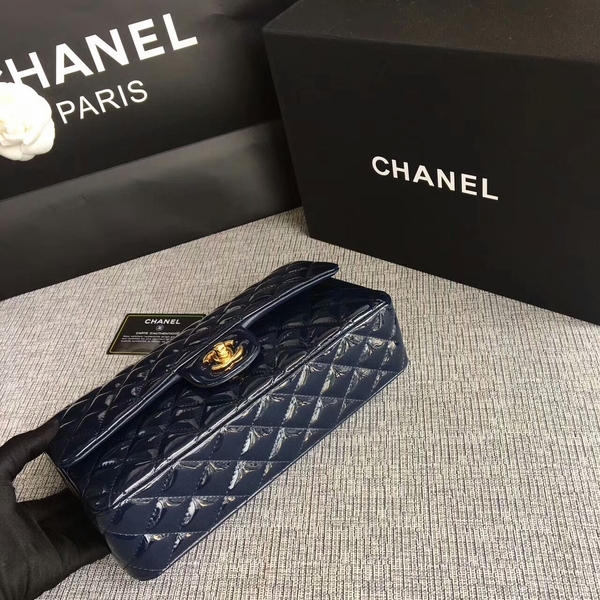 Chanel Flap Shoulder Bags Dark Blue Original Patent Leather CF1112 Glod