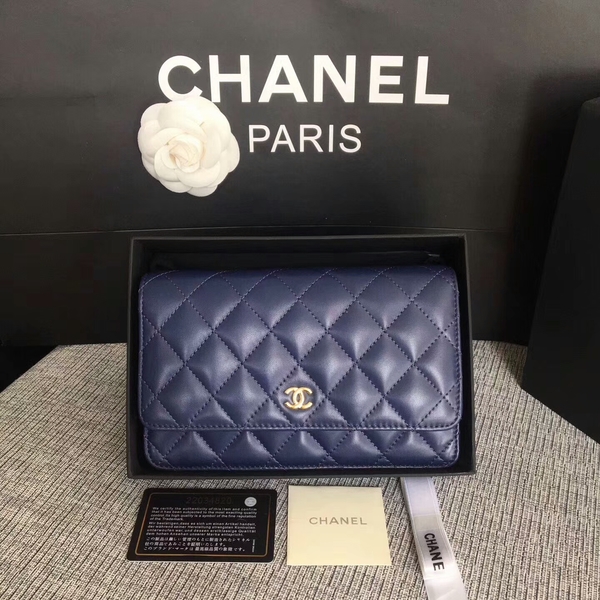 Chanel WOC Flap Bag Dark Blue Original Sheepskin Leather 33814 Glod