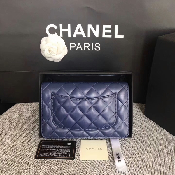 Chanel WOC Flap Bag Dark Blue Original Sheepskin Leather 33814 Silver