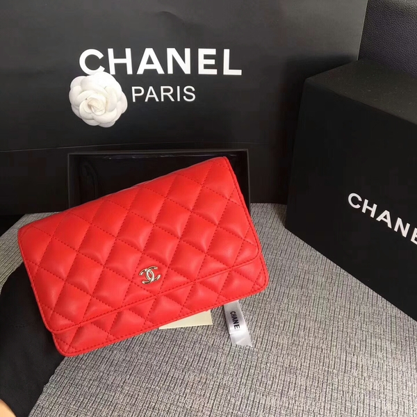 Chanel WOC Flap Bag Red Original Sheepskin Leather 33814 Silver