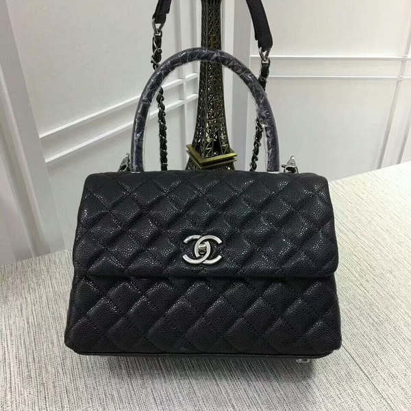 Chanel Caviar Leather Black Top Handle Bag 92991 Silver