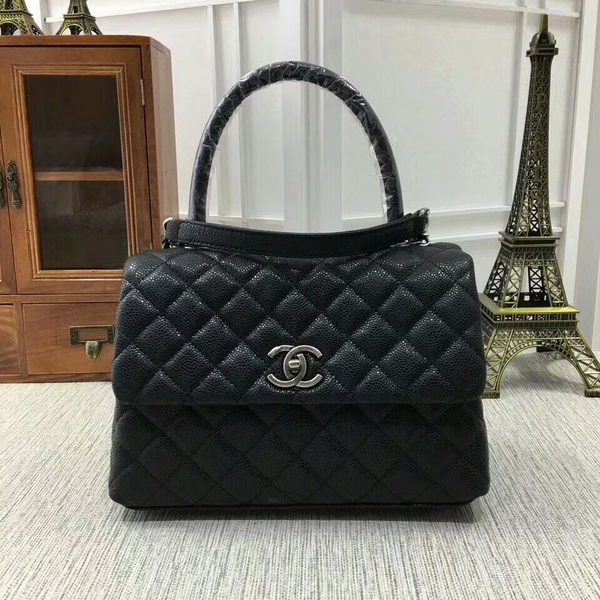 Chanel Caviar Leather Black Top Handle Bag 92991 Silver