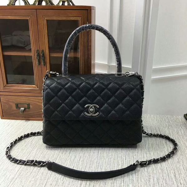 Chanel Caviar Leather Black Top Handle Bag 92991 Silver