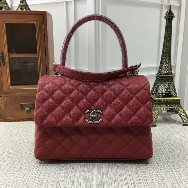 Chanel Caviar Leather Red Top Handle Bag 92991 Silver