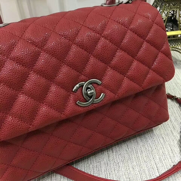 Chanel Caviar Leather Red Top Handle Bag 92991 Silver