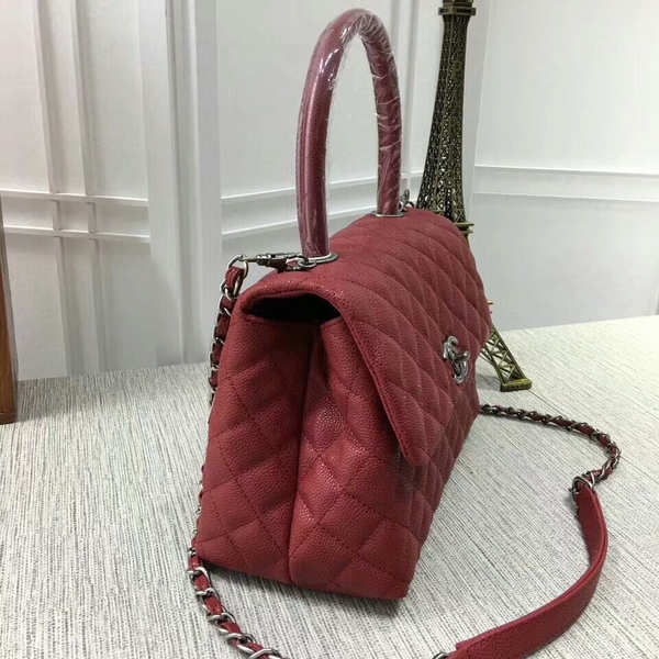 Chanel Caviar Leather Red Top Handle Bag 92991 Silver