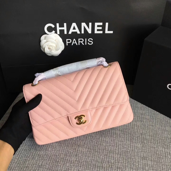 Chanel Flap Shoulder Bags Pink Original Calfskin Leather CF1112 Glod