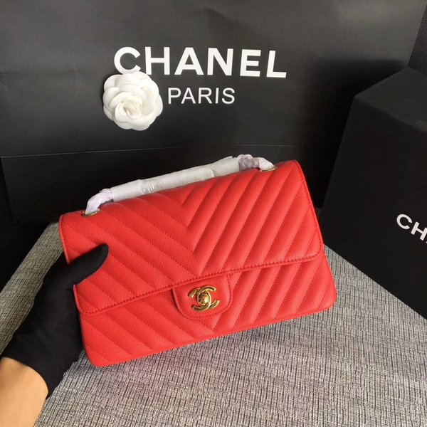 Chanel Flap Shoulder Bags Red Original Calfskin Leather CF1112 Glod