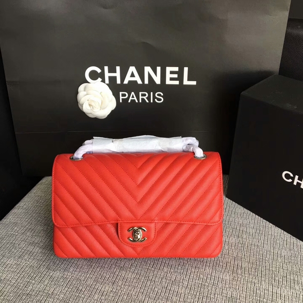 Chanel Flap Shoulder Bags Red Original Calfskin Leather CF1112 Silver