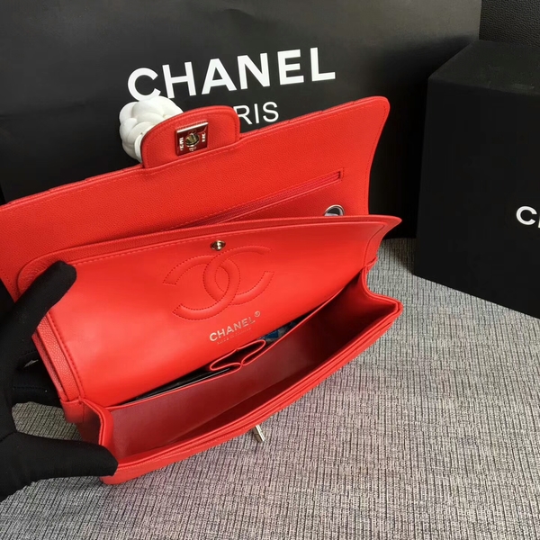 Chanel Flap Shoulder Bags Red Original Calfskin Leather CF1112 Silver