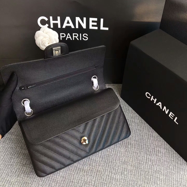 Chanel Flap Shoulder Bags Black Original Calfskin Leather CF1112 Silver