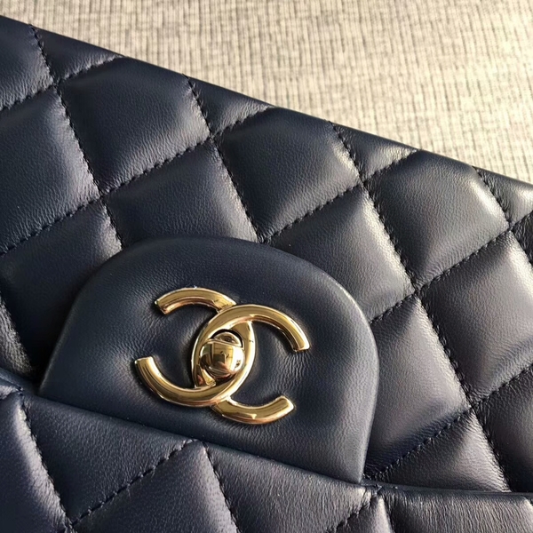 Chanel Flap Shoulder Bags Dark Blue Original Lambskin Leather CF1113 Silver