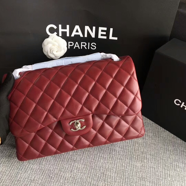 Chanel Flap Shoulder Bags Dark Red Original Lambskin Leather CF1113 Silver