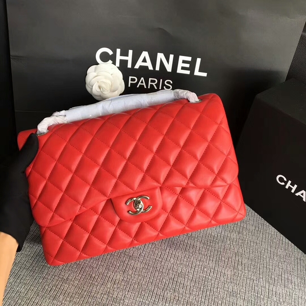 Chanel Flap Shoulder Bags Red Original Lambskin Leather CF1113 Silver