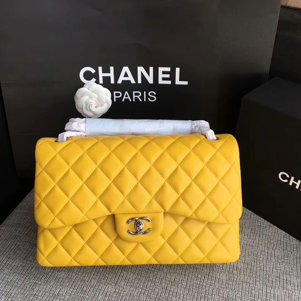 Chanel Flap Shoulder Bags Yellow Original Lambskin Leather CF1113 Silver