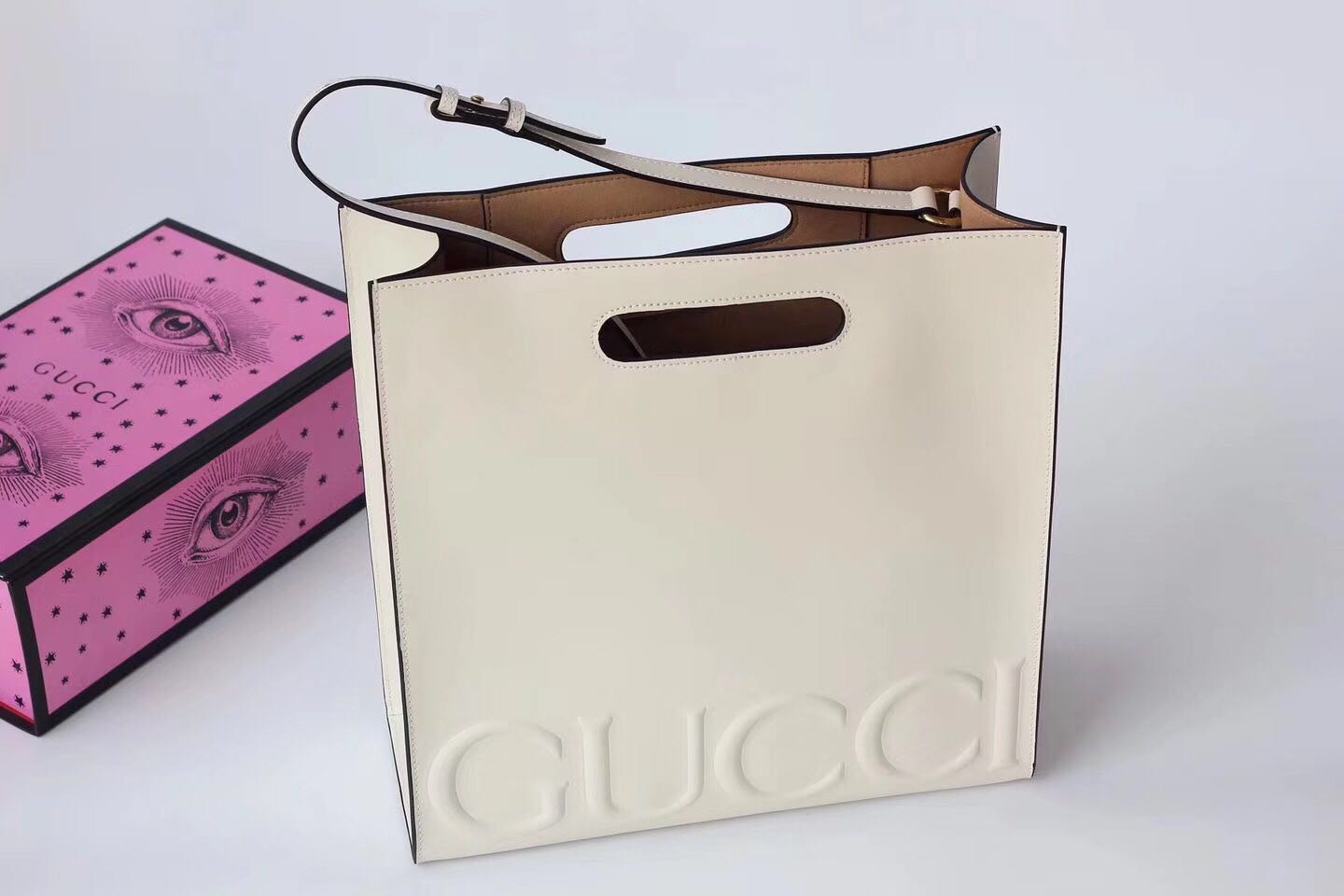 Gucci Ghost Calfskin Leather Shopper Bag 414476 White