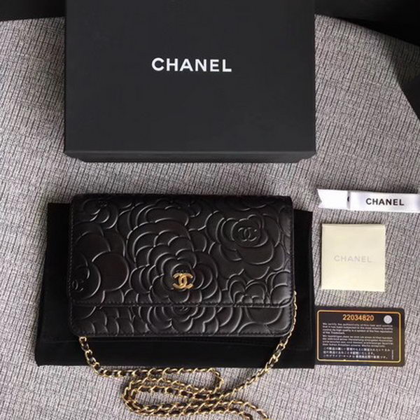 Chanel WOC Black Camellia Leather mini Flap Bag A33814 Gold