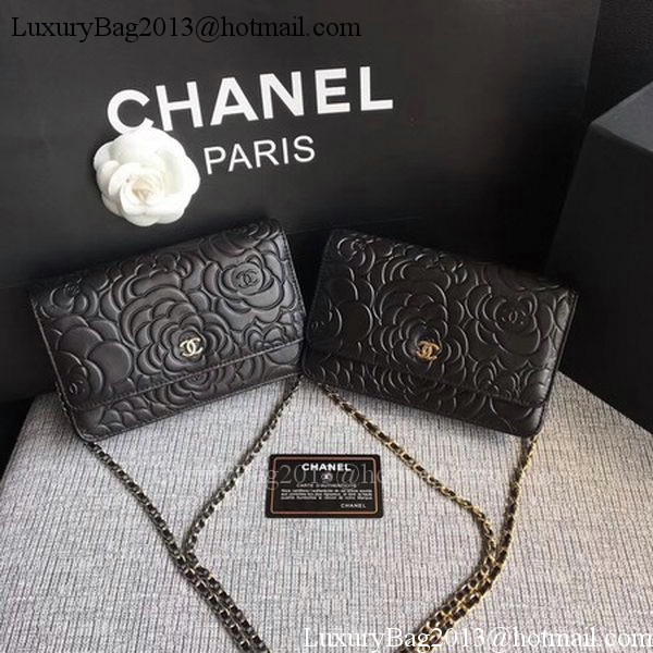 Chanel WOC Black Camellia Leather mini Flap Bag A33814 Gold