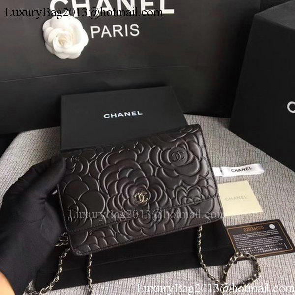 Chanel WOC Black Camellia Leather mini Flap Bag A33814 Silver
