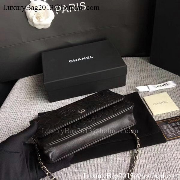 Chanel WOC Black Camellia Leather mini Flap Bag A33814 Silver
