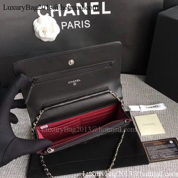 Chanel WOC Black Camellia Leather mini Flap Bag A33814 Silver