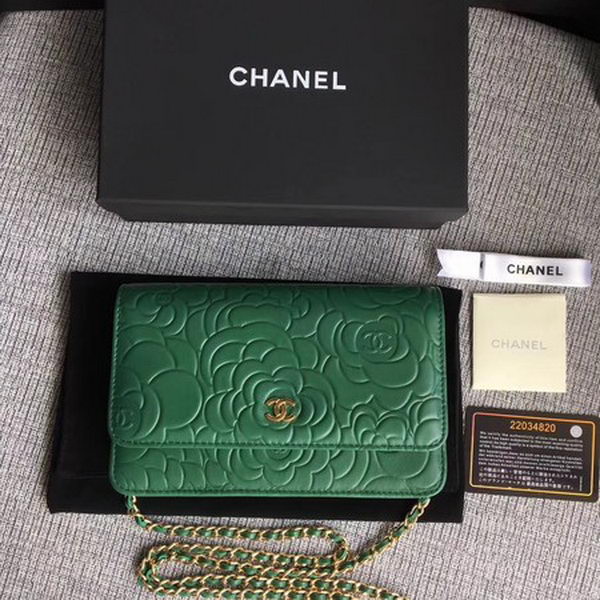 Chanel WOC Green Camellia Leather mini Flap Bag A33814 Gold