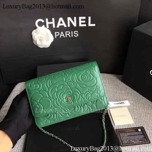 Chanel WOC Green Camellia Leather mini Flap Bag A33814 Silver