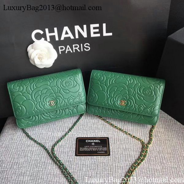 Chanel WOC Green Camellia Leather mini Flap Bag A33814 Silver