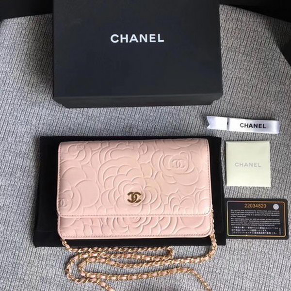 Chanel WOC Pink Camellia Leather mini Flap Bag A33814 Gold