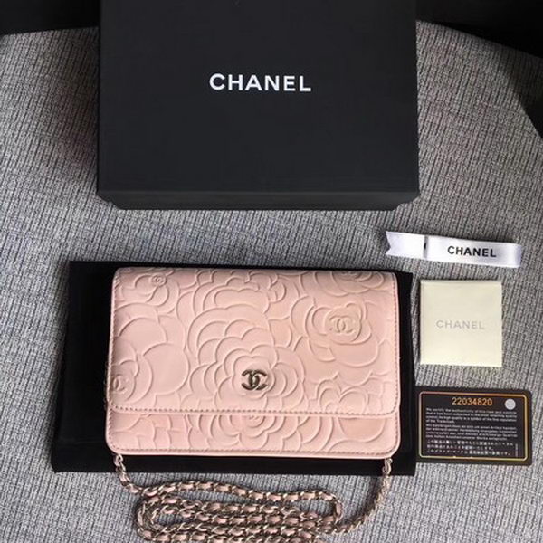 Chanel WOC Pink Camellia Leather mini Flap Bag A33814 Silver