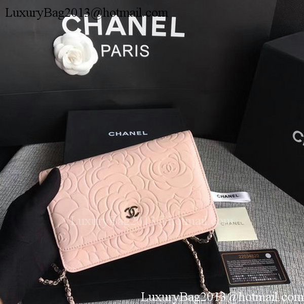 Chanel WOC Pink Camellia Leather mini Flap Bag A33814 Silver