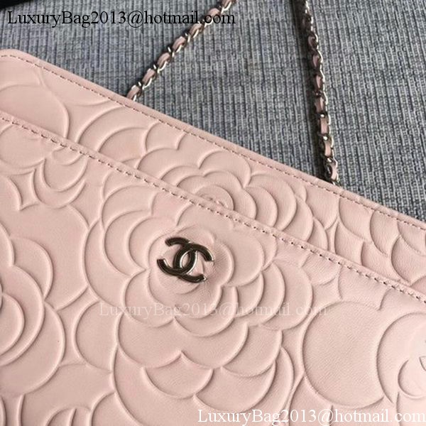 Chanel WOC Pink Camellia Leather mini Flap Bag A33814 Silver